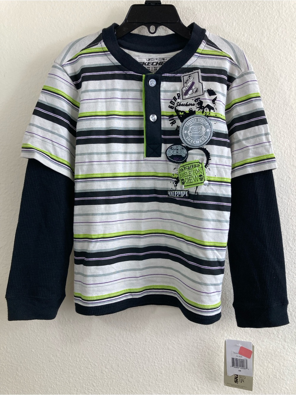 Skechers Kids Striped Henley Long Sleeve Shirt S 5/6 NWT
